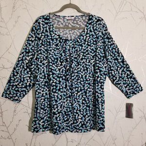 Tanjay NWT Blue Abstract Polkadot Printed Pleated Scoop Neck Blouse